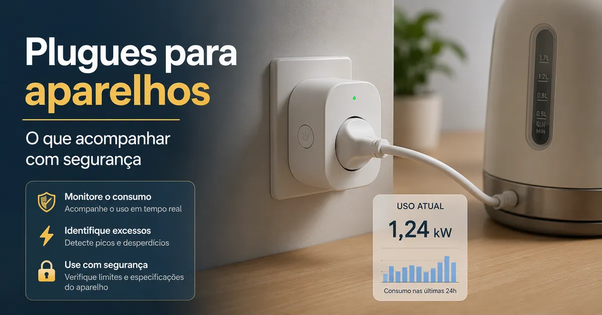 Plugue inteligente com monitoramento de energia acompanhando o consumo elétrico de um aparelho doméstico
