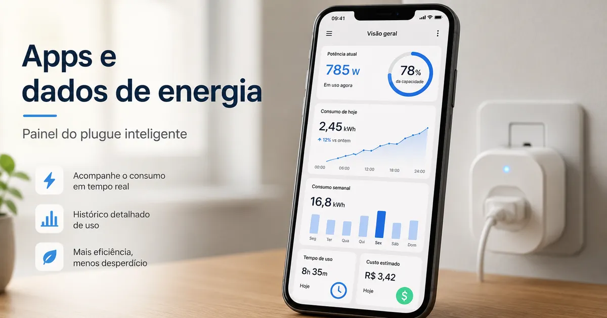 Painel de aplicativo móvel exibindo dados de acompanhamento de energia de um plugue inteligente