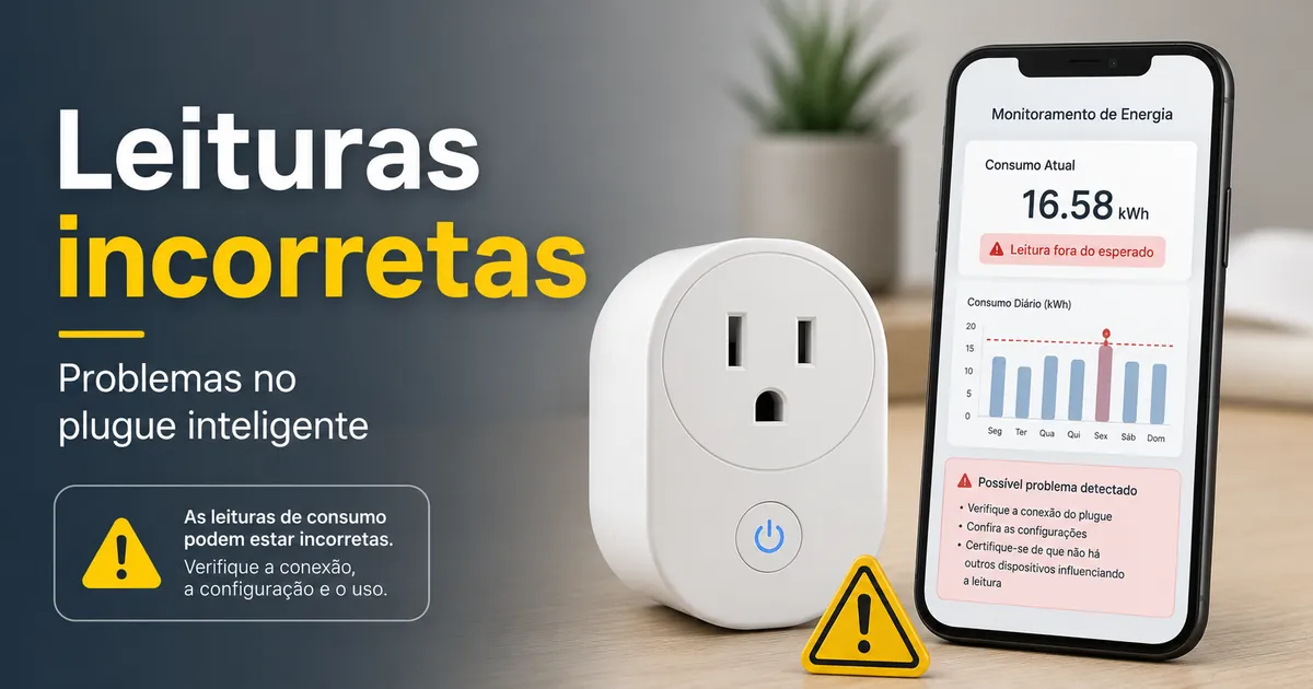 Plugue inteligente com monitoramento de energia mostrando alerta de leituras incorretas em um aplicativo