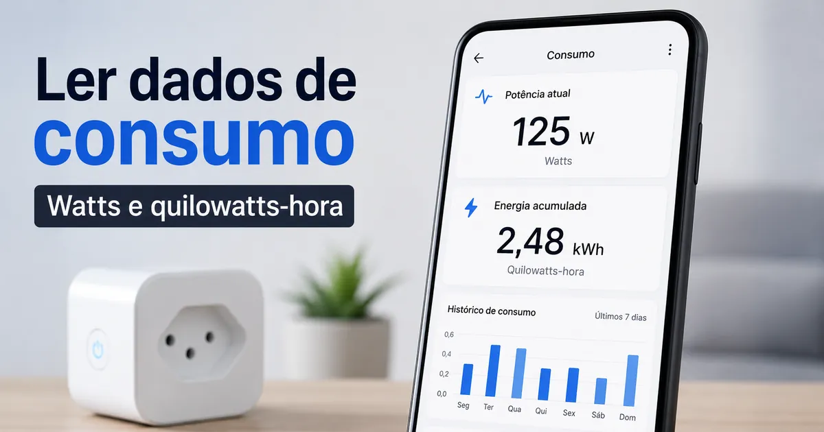 Tela de dados de consumo de um plugue inteligente mostrando watts e quilowatts-hora