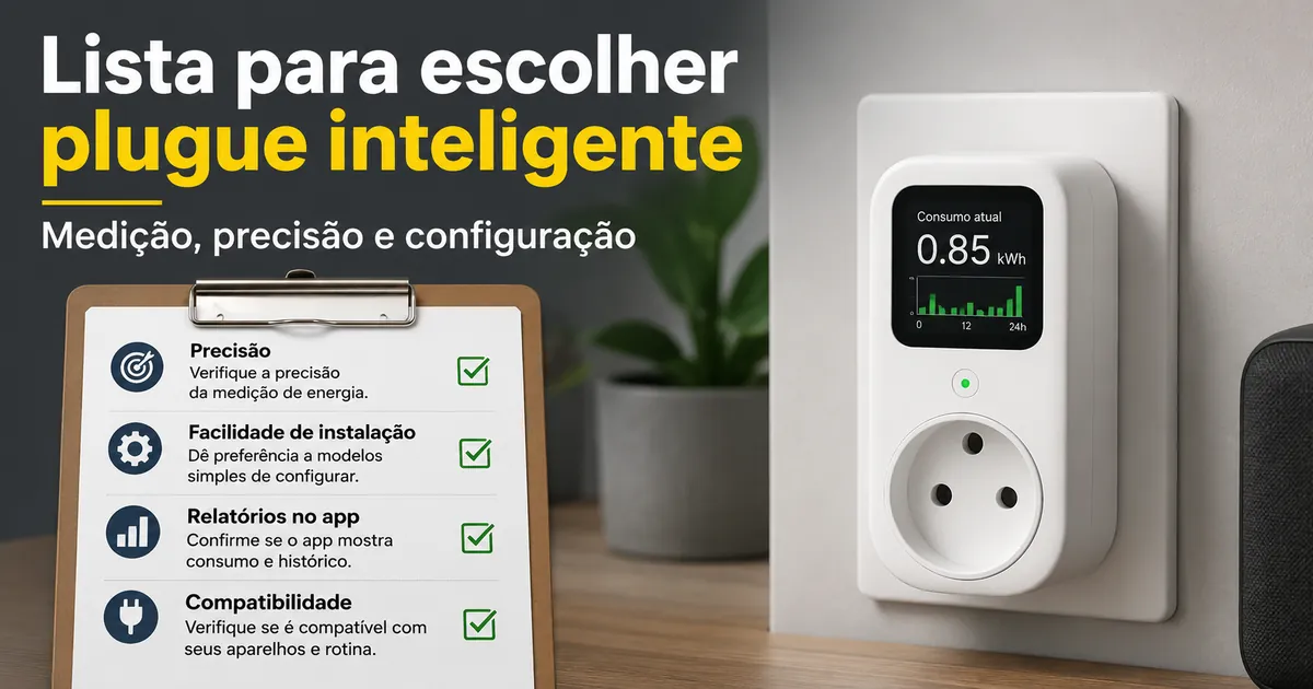 Lista de verificação ao lado de um plugue inteligente com monitoramento de energia mostrando critérios de compra