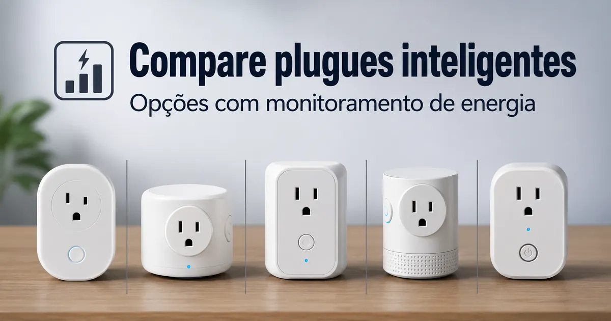 Vários plugues inteligentes com monitoramento de energia organizados para comparação antes da compra