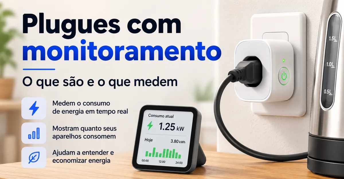 Plugue inteligente com monitoramento de energia medindo o consumo elétrico de um aparelho conectado