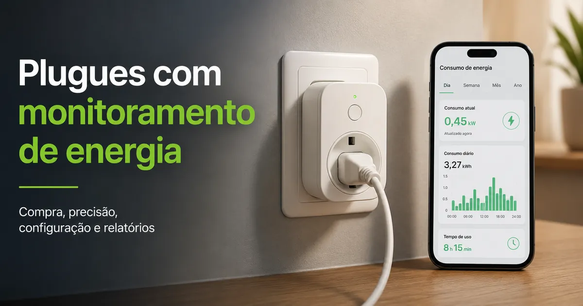 Plugue inteligente com monitoramento de energia conectado a uma tomada com dados de consumo exibidos em um aplicativo móvel