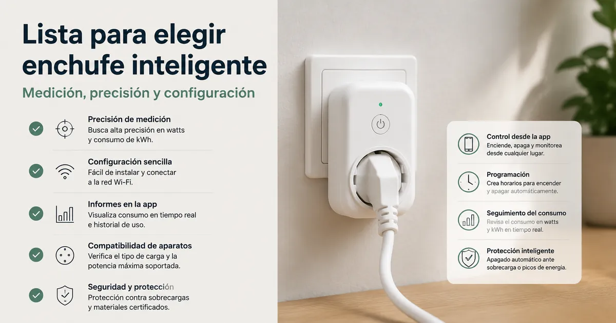 Plugue inteligente com monitoramento de energia exibindo leituras de watts ao lado de um medidor de potência independente