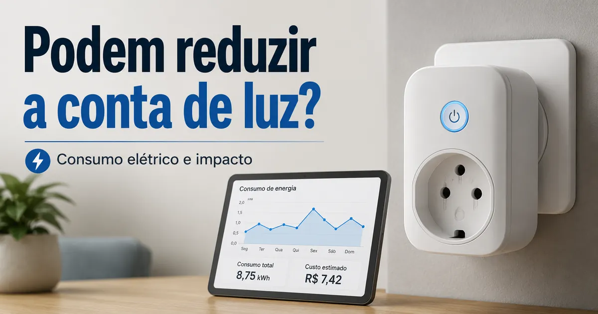 Plugue inteligente com monitoramento de energia ao lado de um gráfico de consumo elétrico e custo