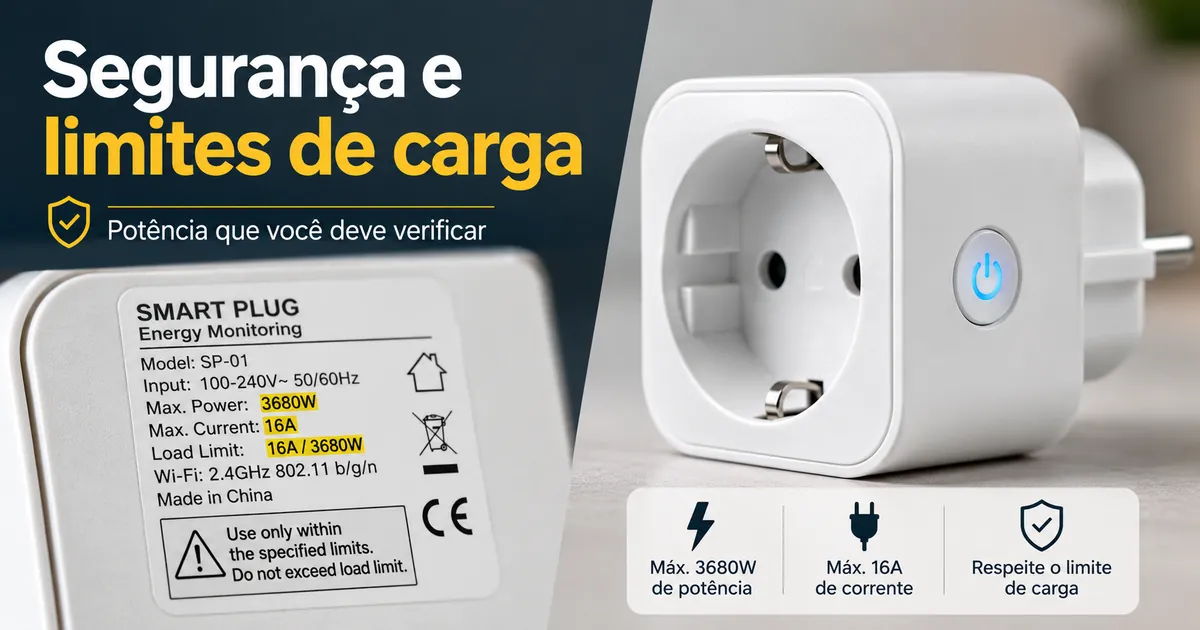 Etiqueta de um plugue inteligente com monitoramento de energia mostrando informações de potência e limite de carga