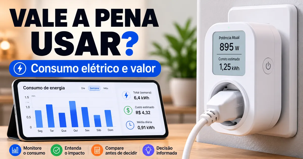 Plugue inteligente com monitoramento de energia ao lado de um gráfico de consumo elétrico para comparação de valor