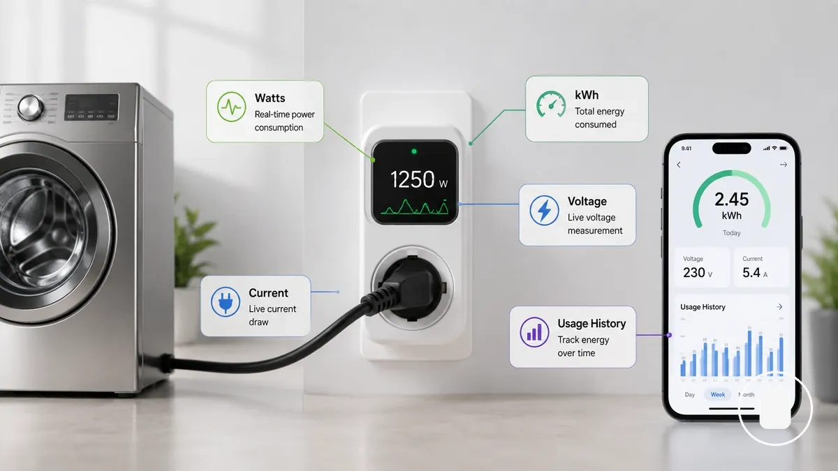 Anlık güç, kWh ve kullanım geçmişi etiketlerini gösteren akıllı priz uygulaması okumaları