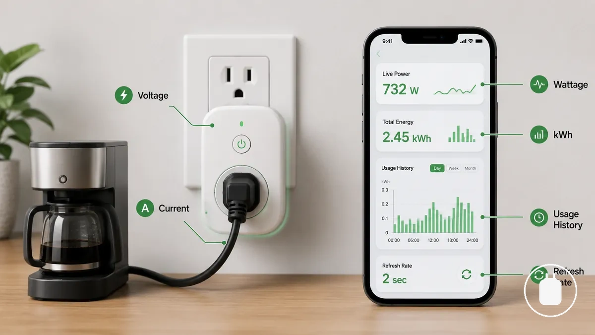 Watt, kWh ve kullanım geçmişi için enerji izleme akıllı priz ölçüm etiketleri
