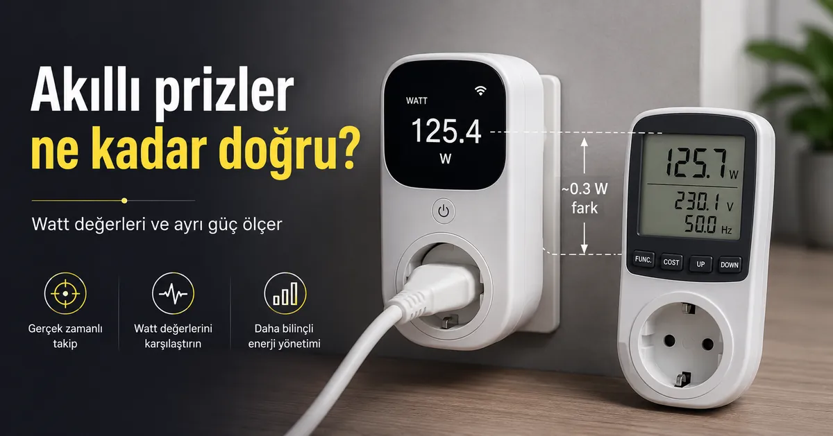 Ayrı bir güç ölçerin yanında watt değerleri gösteren enerji izleme özellikli akıllı priz