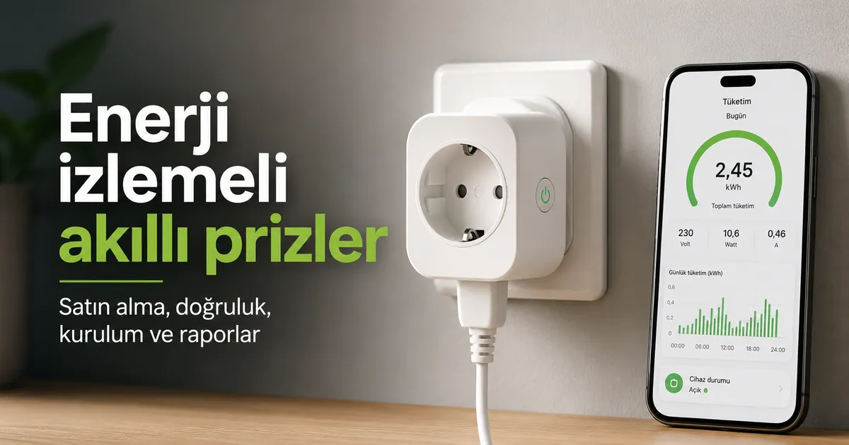 Duvar prizine takılmış enerji izleme özellikli akıllı priz ve mobil uygulamada görünen tüketim verileri