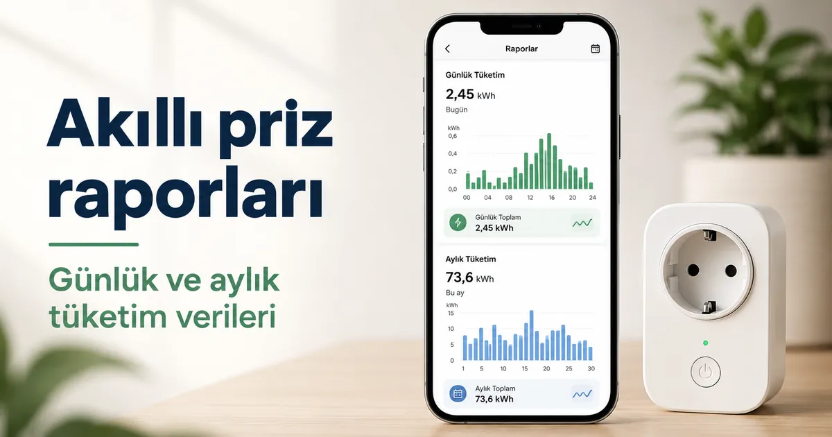 Günlük ve aylık elektrik tüketimini gösteren enerji izleme özellikli akıllı priz raporu ekranı