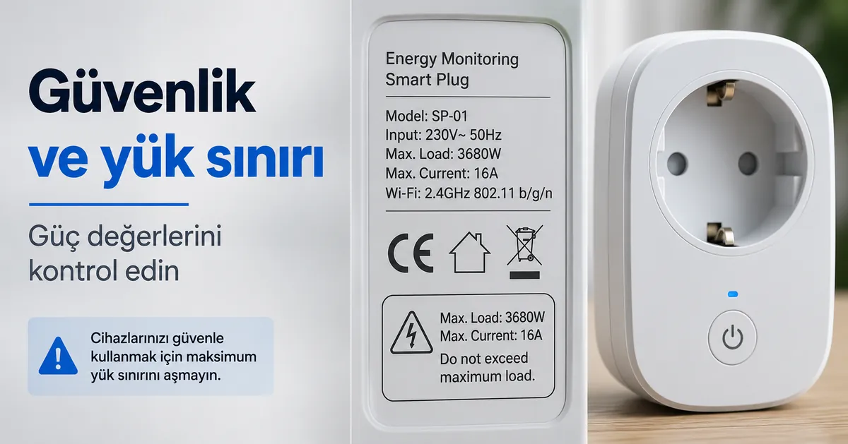 Güç değeri ve yük sınırı bilgisi gösteren enerji izleme özellikli akıllı priz etiketi