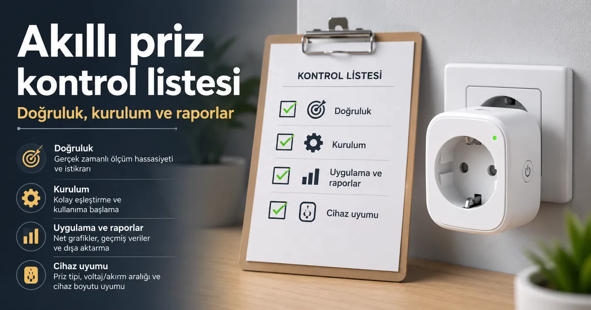 Enerji izleme özellikli akıllı priz yanında temel satın alma kriterlerini gösteren kontrol listesi