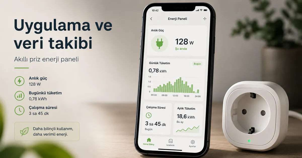Akıllı prizden gelen enerji takip verilerini gösteren mobil uygulama paneli