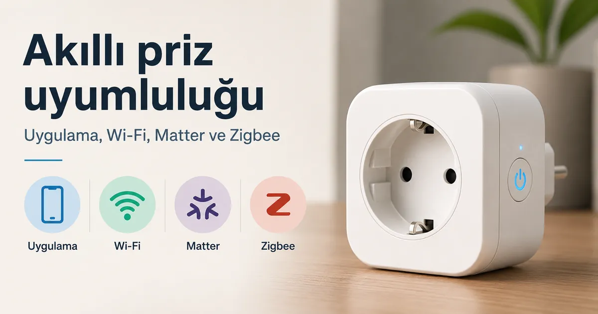 Uygulama, Wi-Fi, Matter ve Zigbee uyumluluk simgeleriyle enerji izleme özellikli akıllı priz