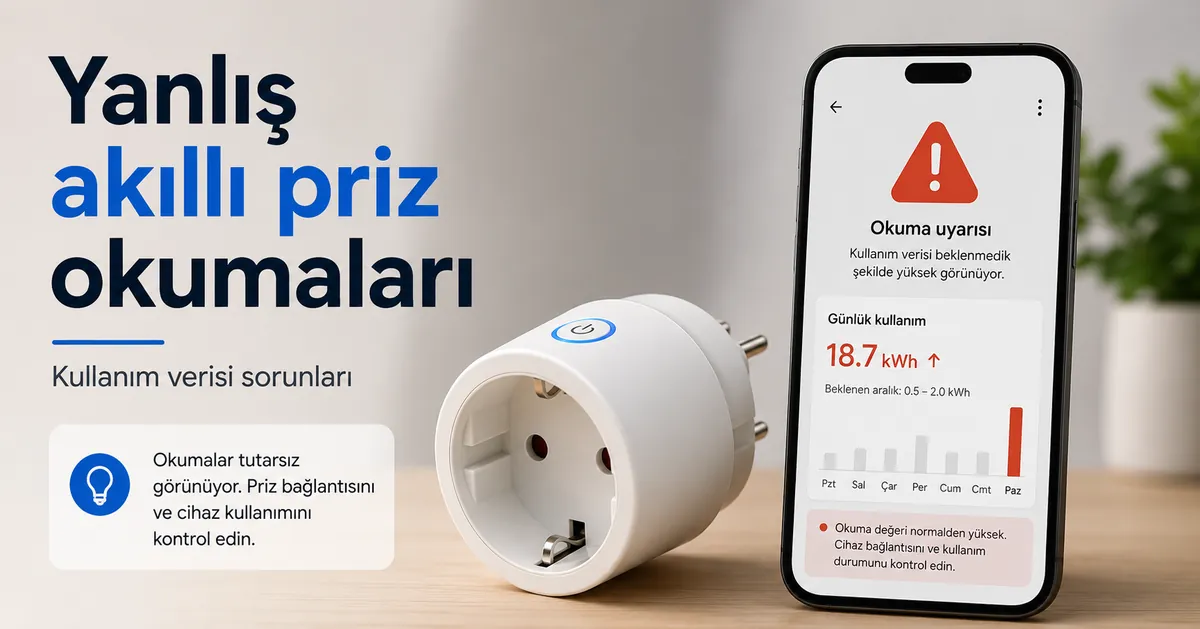 Uygulamada yanlış tüketim uyarısı gösteren enerji izleme özellikli akıllı priz